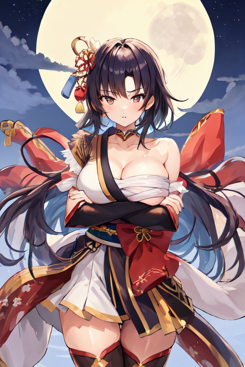 1girl, large breasts, off shoulder, japanese clothes, chest sarashi, crossed arms, thighhighs, sash, background full moon