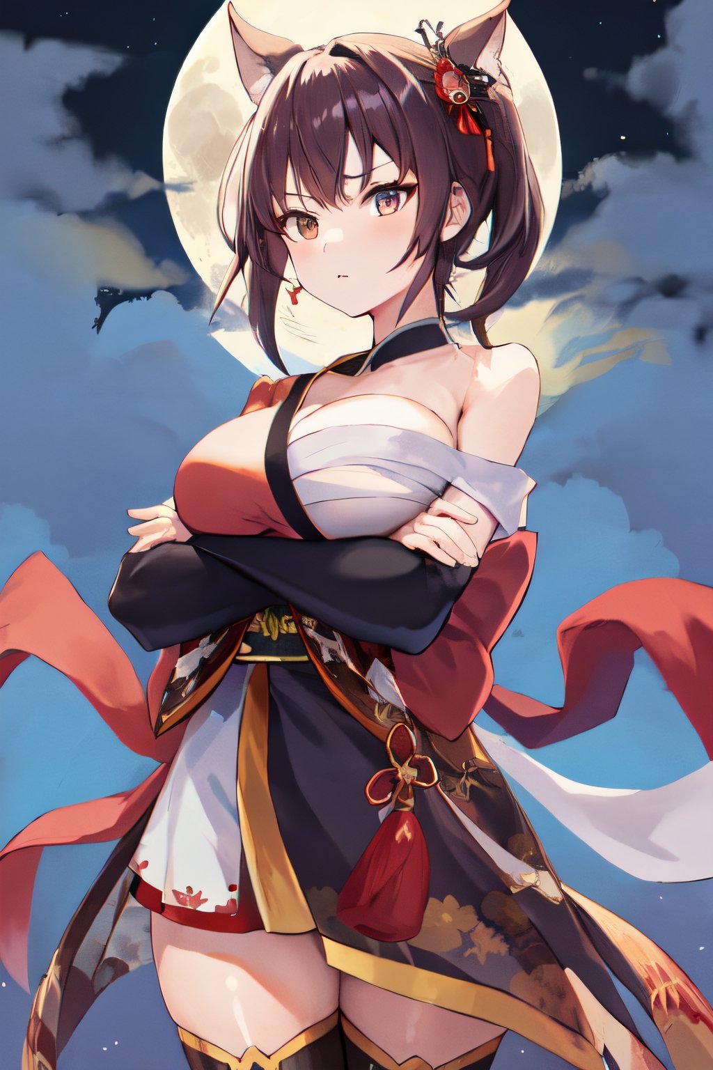 1girl, large breasts, off shoulder, japanese clothes, chest sarashi, crossed arms, thighhighs, sash, background full moon