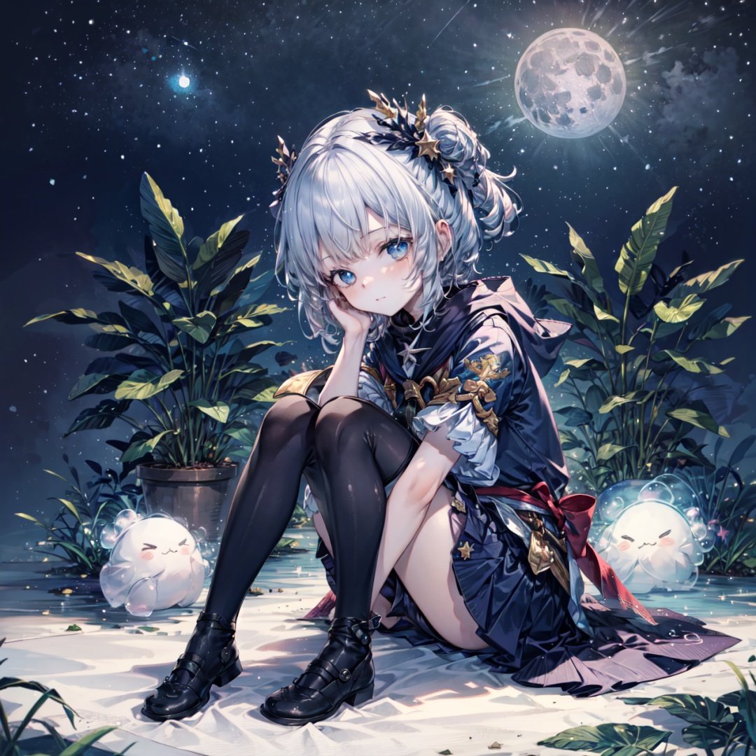 (masterpiece:1.2),(best quality:1.3),(ultra-detailed:1.2),(illustration:1.2),(Cinematic Lighting),star,moon,\n（(1girl)),loli,full body,sitting,fetal position,\nbubble,fantastic,plant,girl in star,