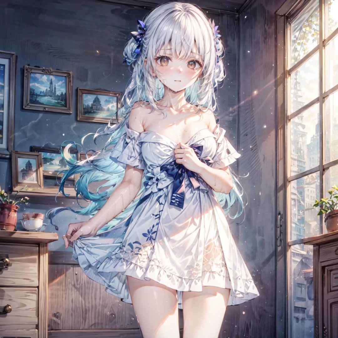 inely detail,Depth of field,(((masterpiece))),((extremely detailed CG unity 8k wallpaper)),best quality,high resolution illustration,Amazing,highres,intricate detail,(best illumination, best shadow, an extremely delicate and beautiful),beautiful sky,cumulonimbus,medieval street,town,florist's shop,Lens Flare,towel,1girl,blurry,depth_of_field,wet,solo,collarbone,brown_eyes,breasts,blurry_background,naked_towel,blurry_foreground,looking_at_viewer,long_hair,medium_breasts,