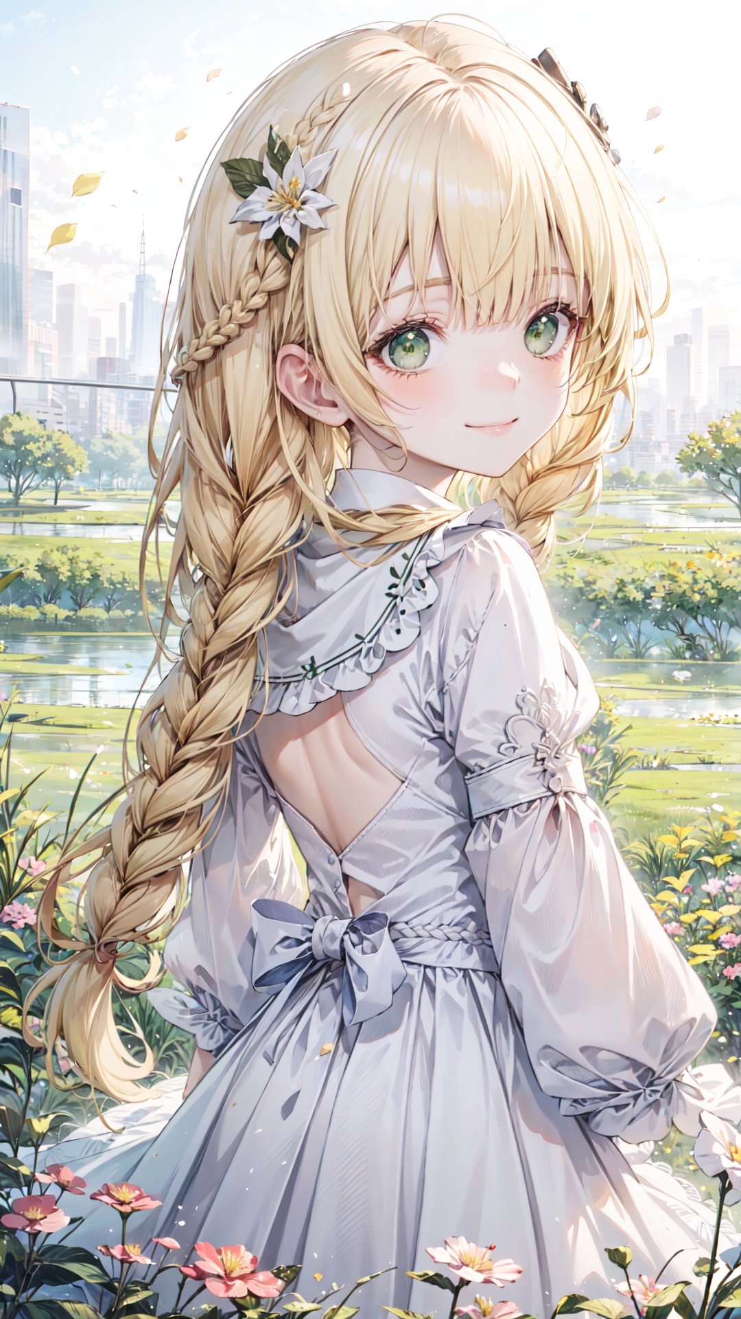 Aestheticism, (looking_back), twin_braids, white_dress, blonde_hair, hair_ornament, (blunt_bangs), green_eyes, (upper_body), lip, (masterpiece), (best quality), (ultra-detailed), (an extremely delicate and beautiful), looking at viewer, petals, flower_field, smile, wind