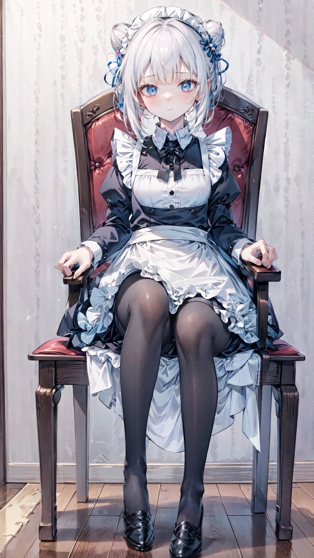 white_legwear,finely detail, Depth of field,(((masterpiece))),((extremely detailed CG unity 8k wallpaper)),best quality, high resolution illustration,Amazing,highres,intricate detail,(best illumination, best shadow, an extremely delicate and beautiful),
1girl, solo, sitting, hair_bun,chair, stool,apron dress,maid,White Stockings,uwabaki,