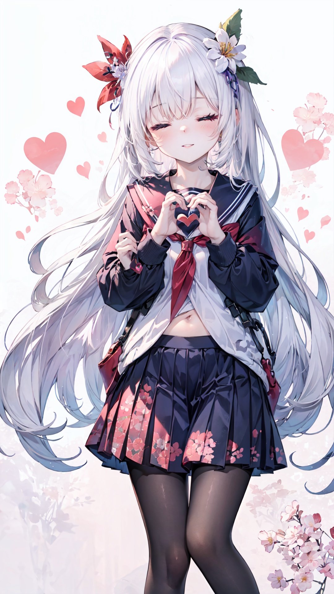 1girl,long hair,solo,red eyes,serafuku,hair_flower,white hair,long sleeves,pleated,clear eyes,black pantyhose,look at viewer,depth of field,(+floral background+),happy,parted lips,white clothes,(heart hands),between thighs,one eye closed,