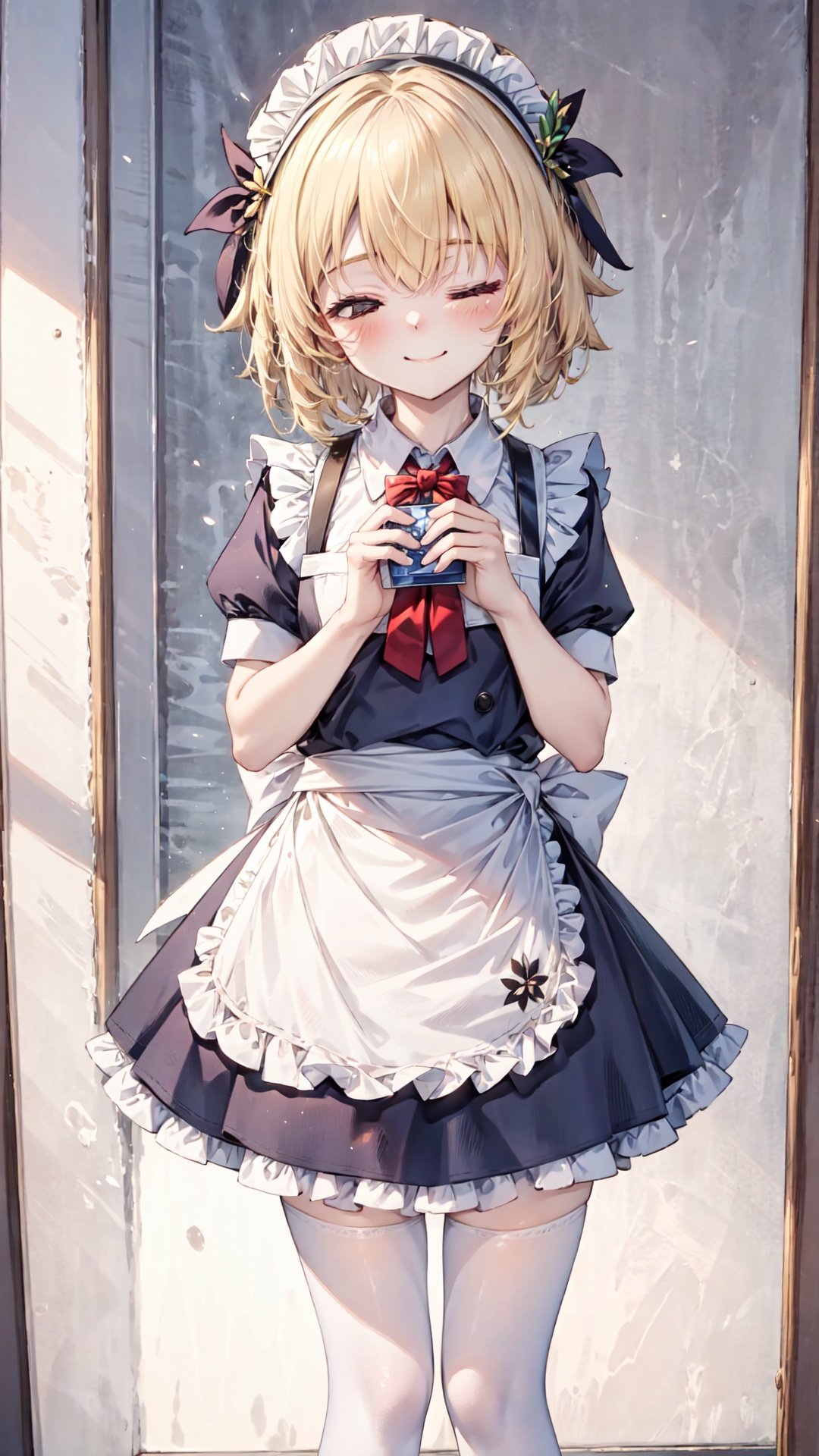 maid_headdress,thighhighs,1girl,maid,blonde_hair,one_eye_closed,apron,white_legwear,solo,smile,lumine_\(genshin_impact\),short_sleeves,blush,looking_at_viewer,holding,Holding a photo,