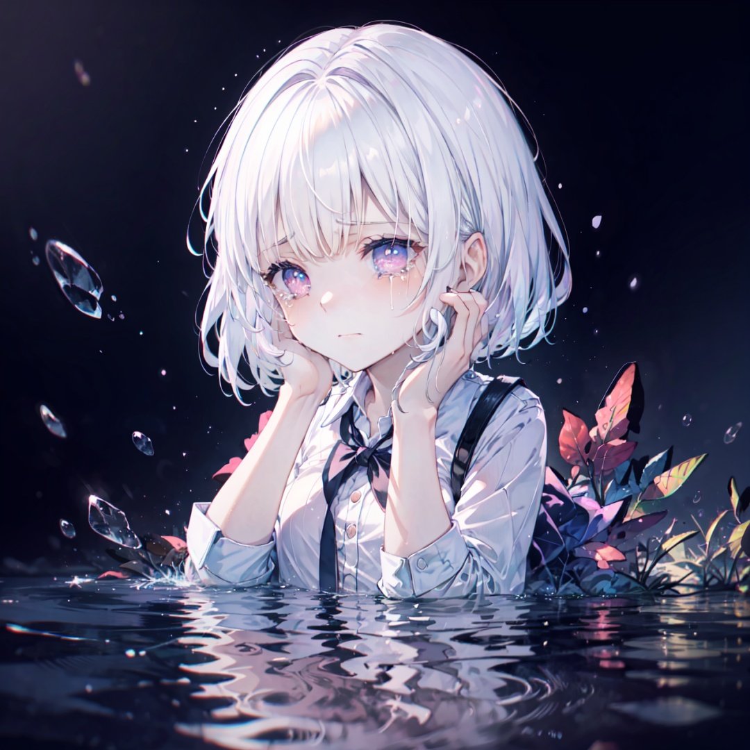 portrait,best quality, (chromatic aberration), (beautiful young female:1.4), (streaming tears), sad,  (heather), (heather), (heather), looking at viewer, partially submerged, both hands on own cheek, White collar shirt,Unbutton,{no bra}
, (white hair, short hair, bangs:1.2),  (glowing eyes), ripples, dark water, black background, (prismatic),