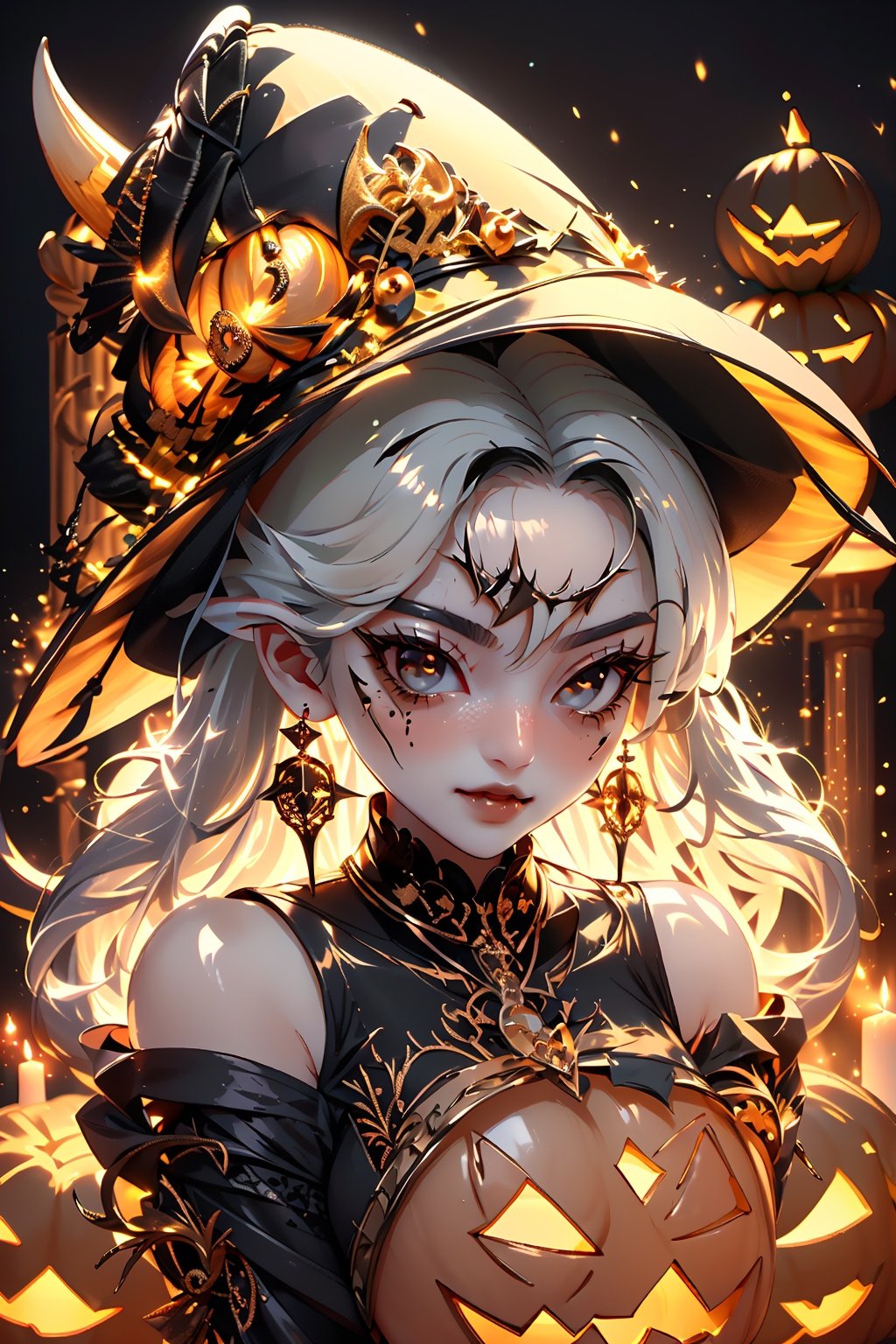  1girl,solo, photo realistic,super wide angle,evil look,eyes focus,earrings,jewelry,black hat,red eyes,face tattoo,jack-o'-lantern,pointy ears,looking at viewer,white long hair,witch hat,halloween,upper body,dress,pumpkin,white hair,black dress,breasts,black headwear,glowing,bangs,witch,thorns,castle,evening,candle,embers,black background,full moon,blood lips,medium breasts,fire,3D rendering,zichun, greendesign, 1