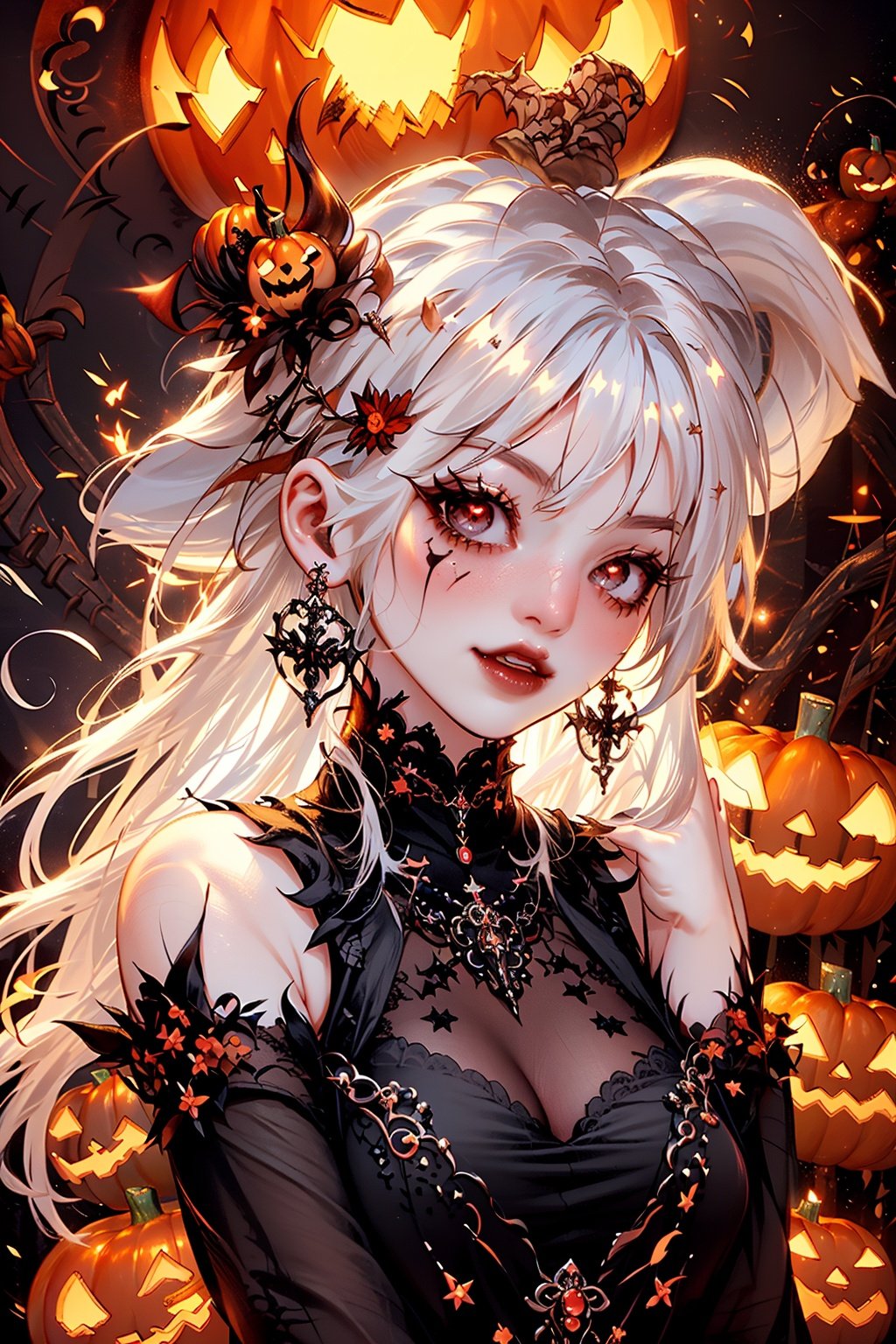  1girl,solo, photo realistic,super wide angle,evil look,eyes focus,earrings,jewelry,black hat,red eyes,face tattoo,jack-o'-lantern,pointy ears,looking at viewer,white long hair,witch hat,halloween,upper body,dress,pumpkin,white hair,black dress,breasts,black headwear,glowing,bangs,witch,thorns,castle,evening,candle,embers,black background,full moon,blood lips,medium breasts,fire,3D rendering,zichun