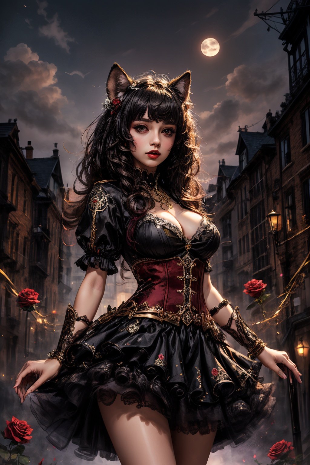  ((best quality)), ((masterpiece)), 20-year-old girl, waist shot, tanya shatseva, furry art, caninecore, dan mumford, colorful costume, Black skirt,red rose, leihua