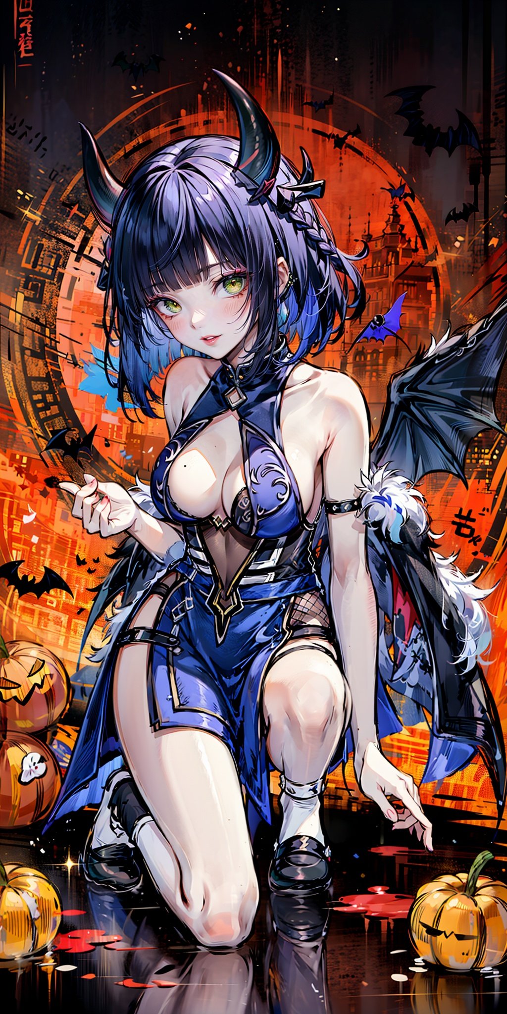 1 mature man,Batman  ,athlete,deep blue hair,short hair, green eyes,ear piercing,devil,((bat wing,devil_horns,snikering,eyeshadow and lipstick,
Mesh socks,rivet, from top)),halloween, bare shoulders, dress,mole on breast,(Natural skin texture,the soft light, sharp),masterpiece, best quality, best shadow,official art, unity 8k wallpaper, ultra detailed,
,yuyao,hanfu,qiuyinong