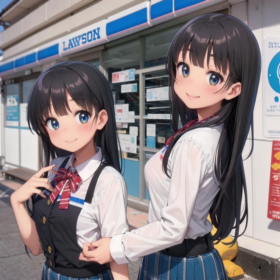 best quality, ultra-detailed, illustration,lawson, konbini, scenery, storefront, outdoors, sky, shop, blue sky, road, building, day, sign, real world location, street, 1girl, black hair, long hair, school uniform, happy, shy smile, smile,  <lora:LAWSON_JAPAN_SD15_V1:1>