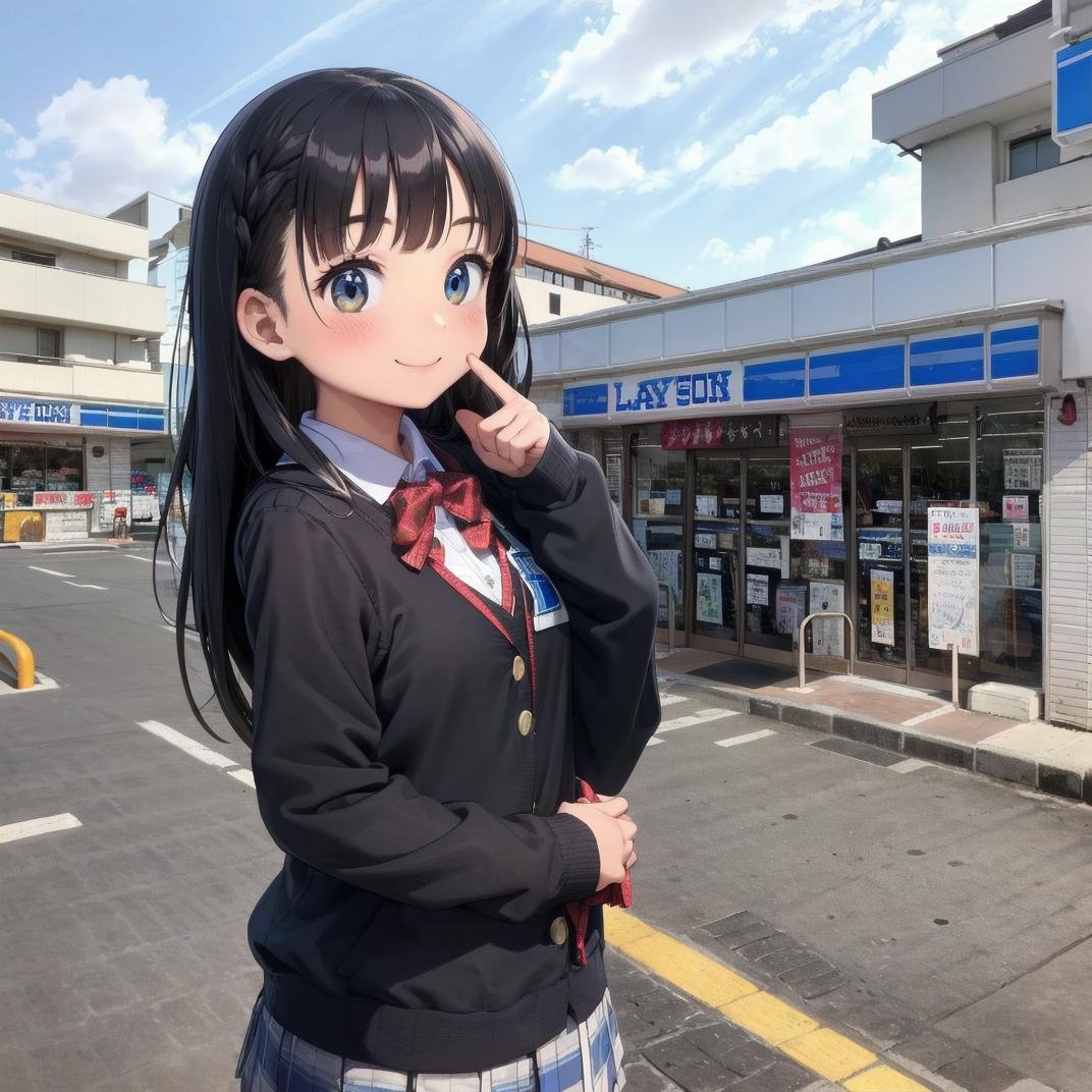 best quality, ultra-detailed, illustration,lawson, konbini, scenery, storefront, outdoors, sky, shop, blue sky, road, building, day, sign, real world location, street, 1girl, black hair, long hair, school uniform, happy, shy smile, smile,  <lora:LAWSON_JAPAN_SD15_V1:1>