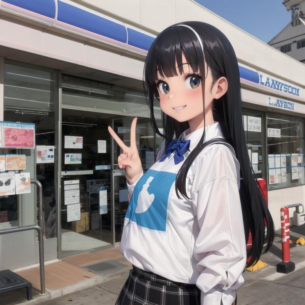best quality, ultra-detailed, illustration,lawson, konbini, scenery, storefront, , scenery, outdoors, ground vehicle, sky, shop, motor vehicle, blue sky, road, building, day, car, sign, real world location, street, 1girl, black hair, long hair, school uniform, happy, shy smile, smile,  <lora:LAWSON_JAPAN_SD15_V1:1>