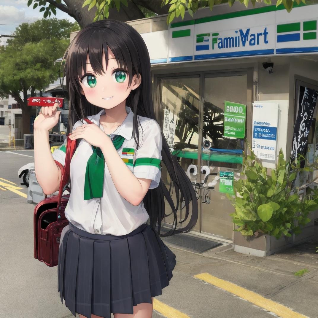 best quality, ultra-detailed, illustration,famima, konbini, scenery, storefront, bicycle, shop, convenience store, sky, ground vehicle, scenery, outdoors, cloud, blue sky, day, road, motor vehicle, building, street, tree, power lines, utility pole, sign, storefront, japan,1girl, black hair, long hair, school uniform, happy, shy smile, smile,  <lora:Famima_JAPAN_SD15_V1:1>