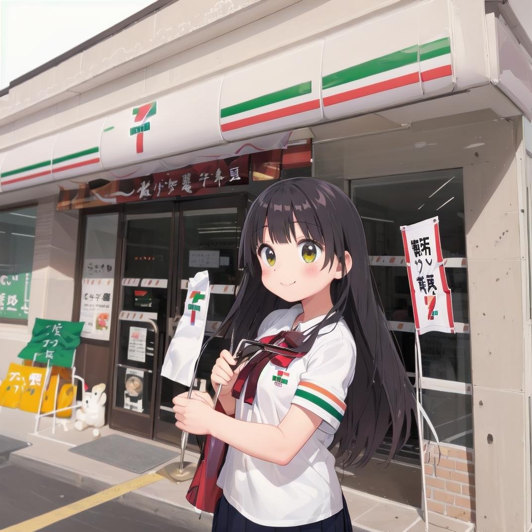 best quality, ultra-detailed, illustration,1girl, black hair, long hair, school uniform, happy, shy smile, seveneleven, konbini, scenery, storefront, japan, scenery, shop, convenience store, real world location, outdoors, building, window, sign<lora:7-Eleven_JAPAN_SD15_V1:0.8>
