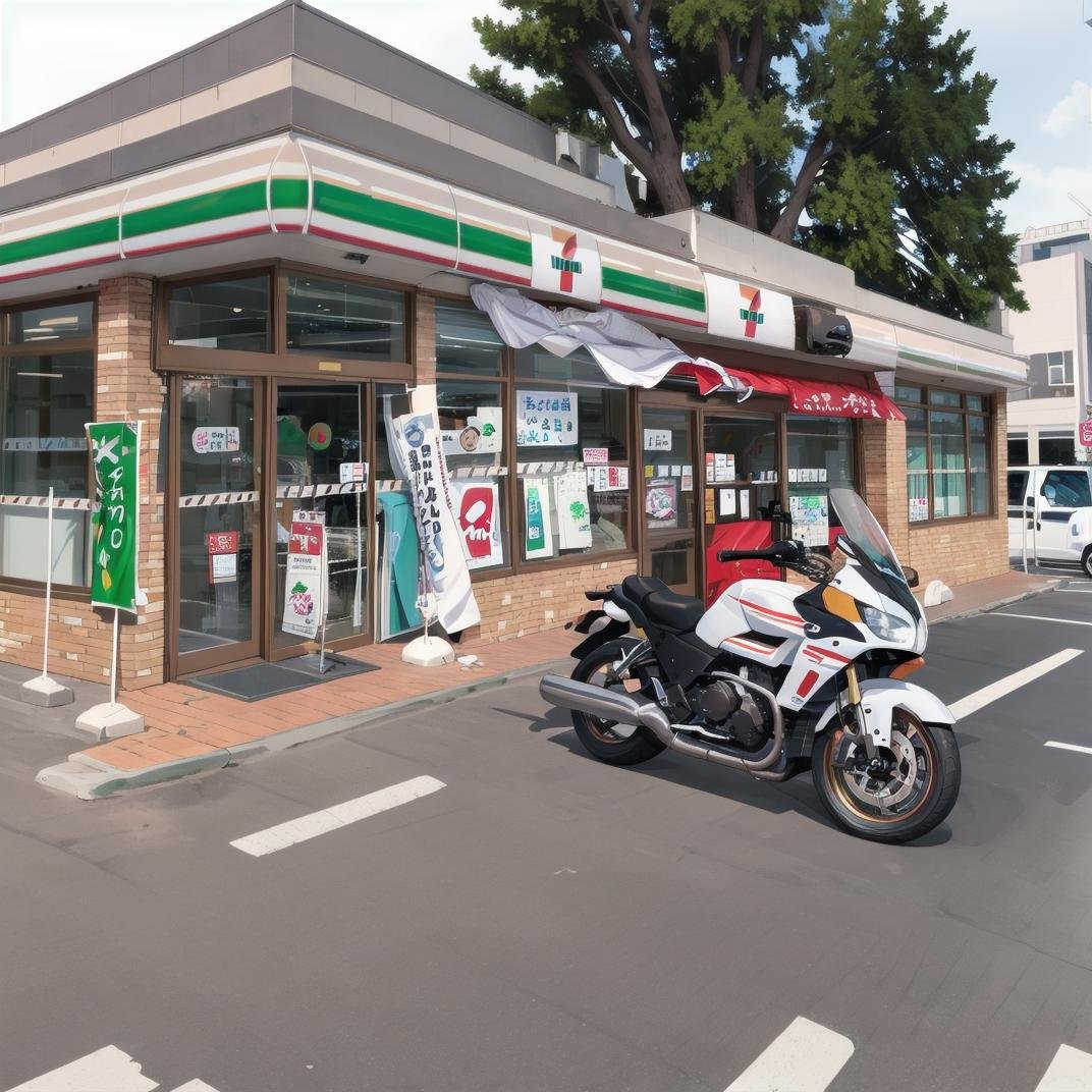 best quality, ultra-detailed, illustration,1girl, black hair, long hair, school uniform, happy, shy smile, seveneleven, konbini, scenery, storefront, japan, motor vehicle, ground vehicle, scenery, road, building, outdoors, sign, car, shop, tree, motorcycle, street, lamppost, city, window, convenience store<lora:7-Eleven_JAPAN_SD15_V1:0.8>