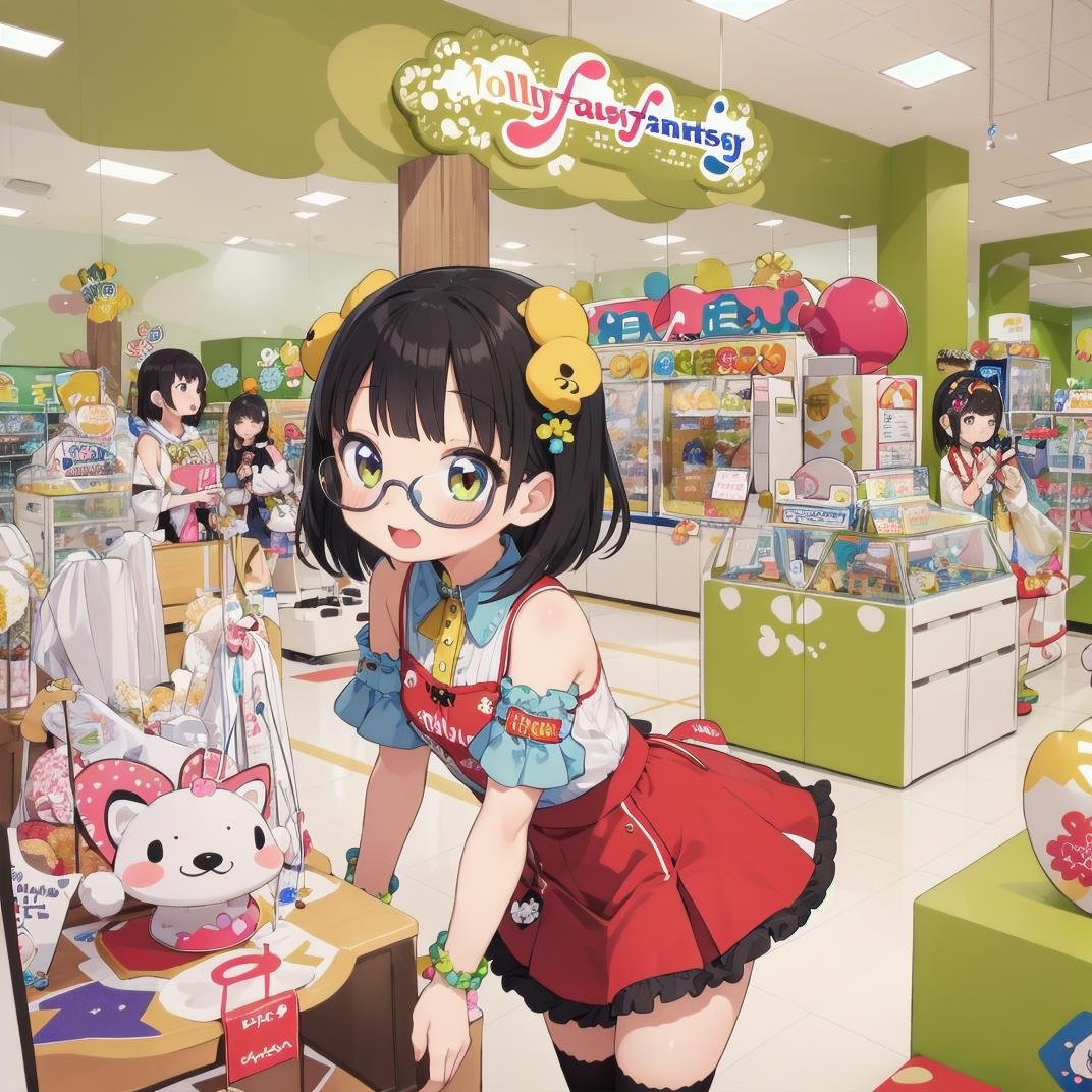 best quality, ultra-detailed, illustration,1girl,solo, black hair, medium hair, glasses, idol style, cute clothing, bright colors, playful patterns, ruffled skirts, knee-high socks, kawaii accessories, youthful designs,MollyFantasy, scenery, shop, poster (object), chair, indoors,  <lora:MollyFantasy_SD15_V1:0.8>