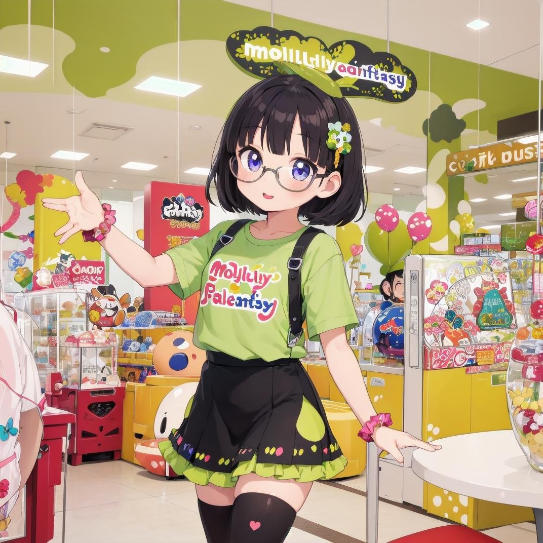 best quality, ultra-detailed, illustration,1girl,solo, black hair, medium hair, glasses, idol style, cute clothing, bright colors, playful patterns, ruffled skirts, knee-high socks, kawaii accessories, youthful designs,MollyFantasy, scenery, shop, poster (object), chair, indoors,  <lora:MollyFantasy_SD15_V1:0.8>