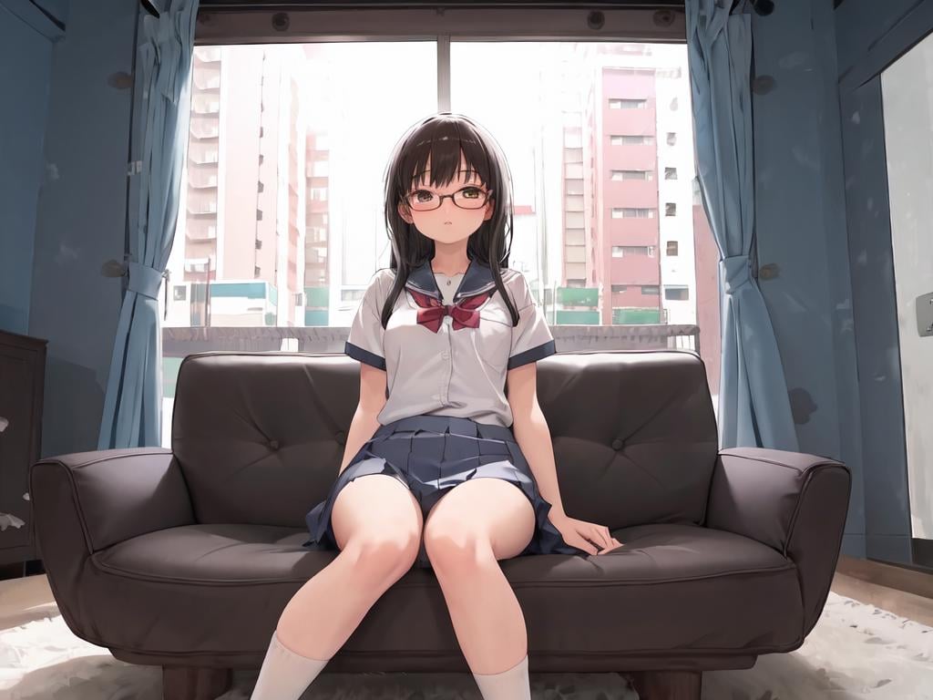 masterpiece, best quality, ultra-detailed, illustration,shs mmgou, mmgou, window, curtains, couch, iindoors,  cityscape, city,1girl, teenage,  glasses,  small breasts,  school uniform,  sitting,  wide view, <lora:mmgou_test4:1>