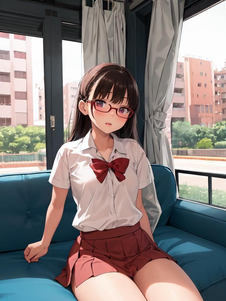 masterpiece, best quality, ultra-detailed, illustration,shs mmgou, mmgou, window, curtains, couch, iindoors,  cityscape, city,1girl, teenage,  glasses,  small breasts,  school uniform,  sitting,  wide view, <lora:mmgou_test4:0.8>