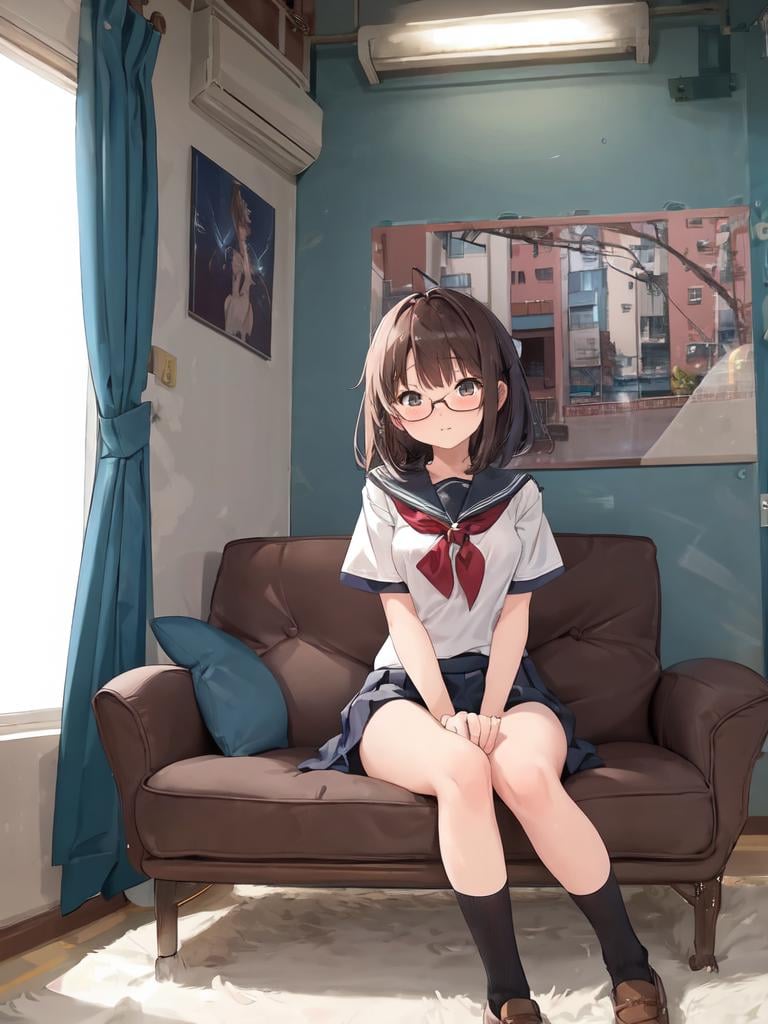 masterpiece, best quality, ultra-detailed, illustration,shs mmgou, mmgou, window, curtains, couch, iindoors,  cityscape, city,1girl, teenage,  glasses,  small breasts,  school uniform,  sitting,  wide view, <lora:mmgou_test4:0.8>