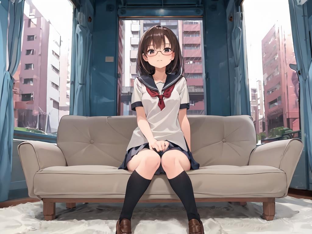 masterpiece, best quality, ultra-detailed, illustration,shs mmgou, mmgou, window, curtains, couch, iindoors,  cityscape, city,1girl, teenage,  glasses,  small breasts,  school uniform,  sitting,  wide view, <lora:mmgou_test4:1>