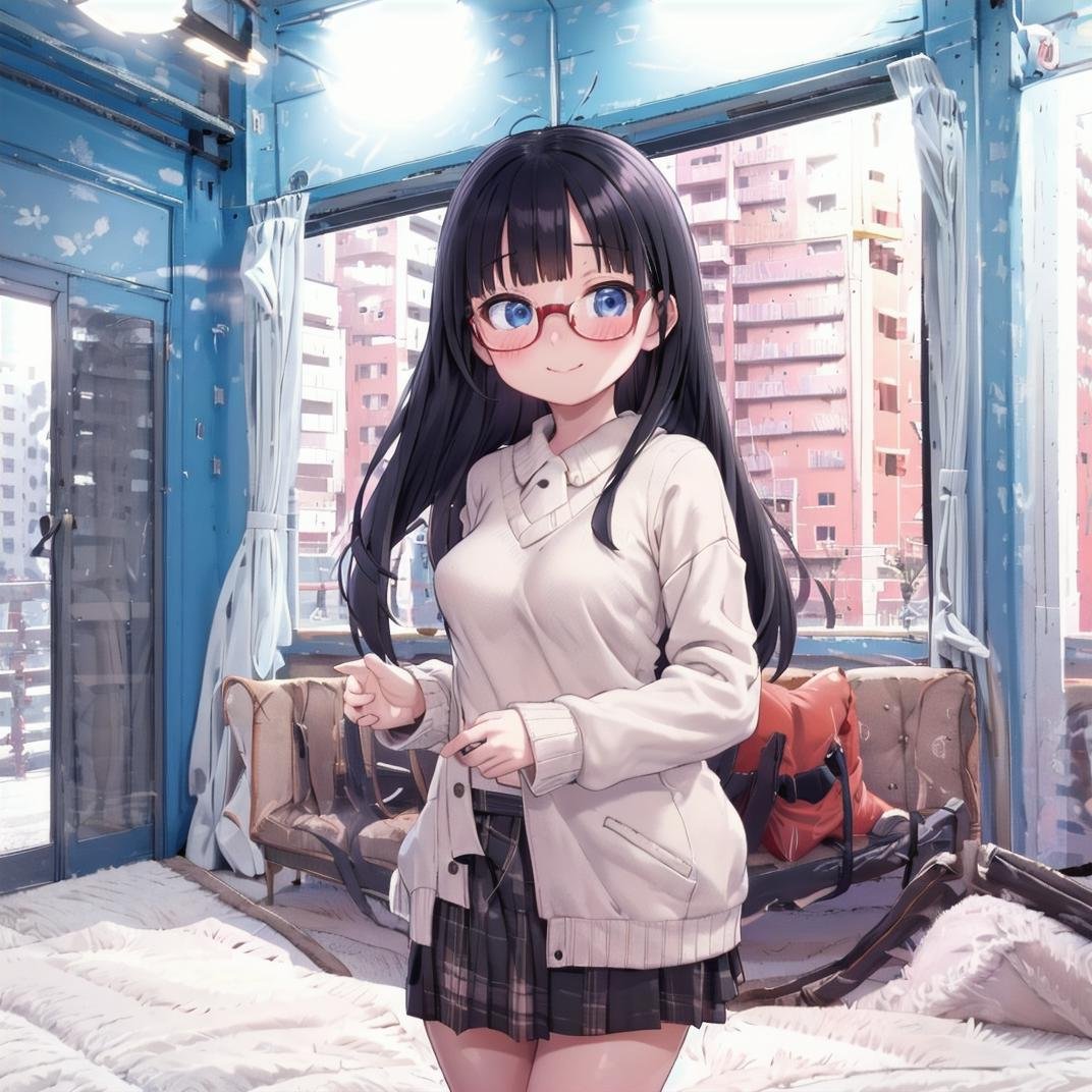 best quality, ultra-detailed, illustration,(1girl,lady), solo, glasses, black hair, long hair, medium breasts, white sweater, long skirt, embarrassed, blush, shy smile, looking at viewer,  sitting, solo focus,mmgo, window, indoors, curtains, couch, tree, building, day, cityscape, city<lora:mmgo_SD15_V2:0.7>