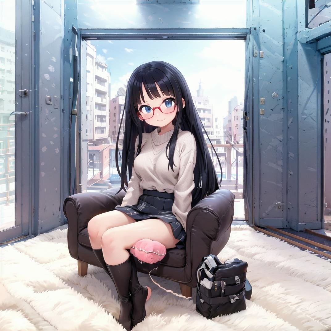 best quality, ultra-detailed, illustration,(1girl,lady), solo, glasses, black hair, long hair, medium breasts, white sweater, long skirt, embarrassed, blush, shy smile, looking at viewer,  sitting, solo focus,mmgo, window, indoors, curtains, couch, tree, building, day, cityscape, city<lora:mmgo_SD15_V2:0.6>