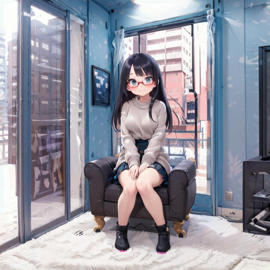 best quality, ultra-detailed, illustration,(1girl,lady), solo, glasses, black hair, long hair, medium breasts, white sweater, long skirt, embarrassed, blush, shy smile, looking at viewer,  sitting, solo focus,mmgo, window, indoors, curtains, couch, tree, building, day, cityscape, city<lora:mmgo_SD15_V2:0.6>