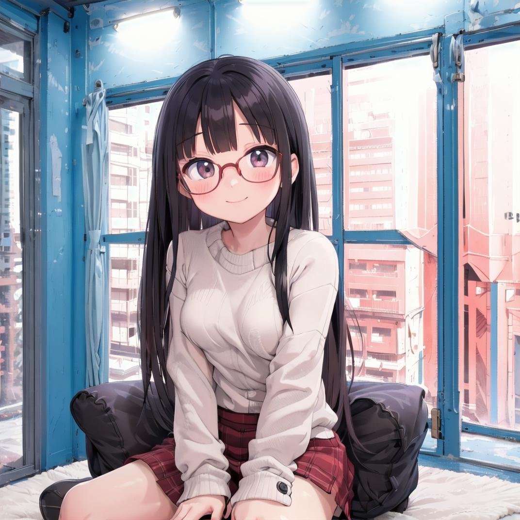 best quality, ultra-detailed, illustration,(1girl,lady), solo, glasses, black hair, long hair, medium breasts, white sweater, long skirt, embarrassed, blush, shy smile, looking at viewer,  sitting, solo focus,mmgo, window, indoors, curtains, couch, tree, building, day, cityscape, city<lora:mmgo_SD15_V2:0.6>