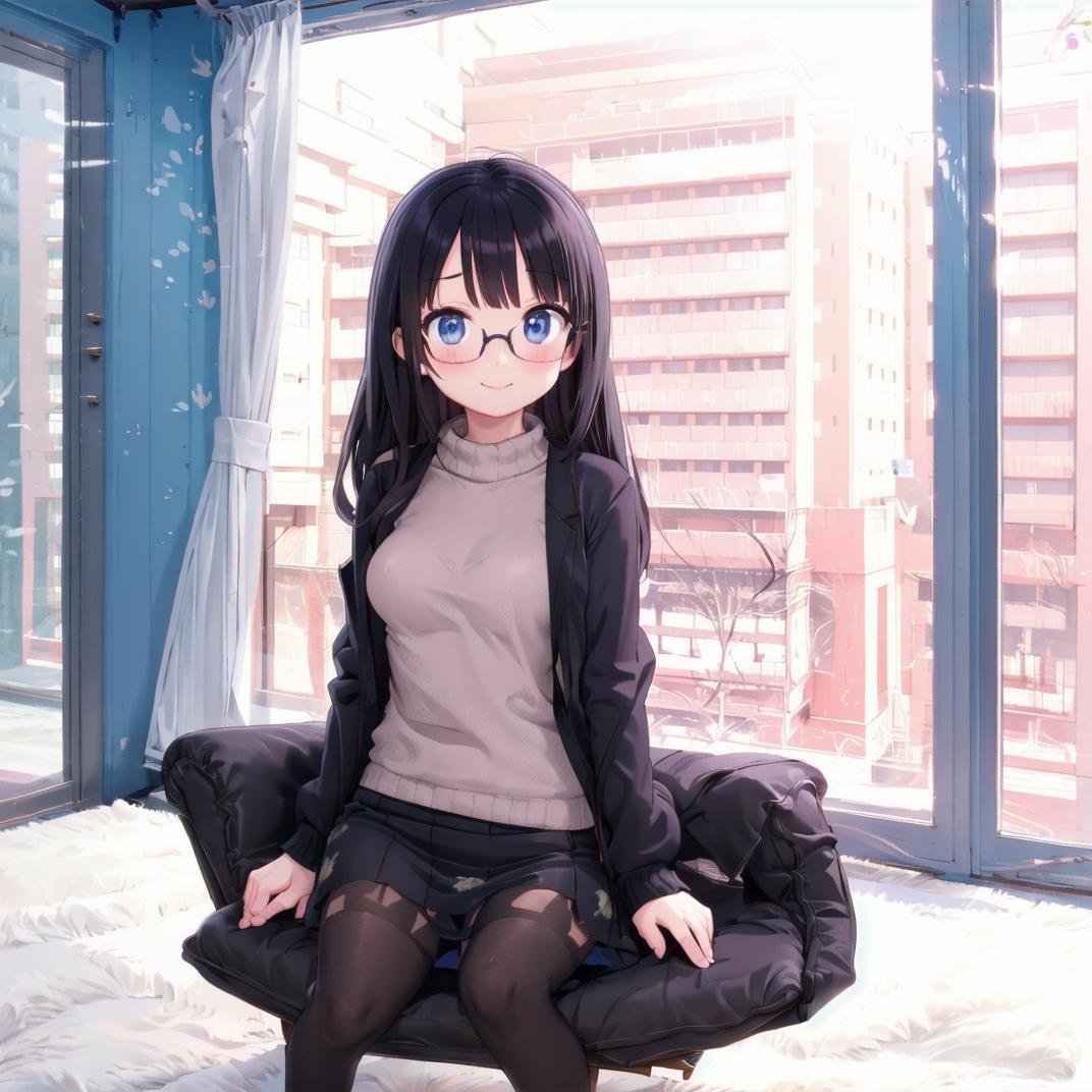 best quality, ultra-detailed, illustration,(1girl,lady), solo, glasses, black hair, long hair, medium breasts, white sweater, long skirt, embarrassed, blush, shy smile, looking at viewer,  sitting, solo focus,mmgo, window, indoors, curtains, couch, tree, building, day, cityscape, city<lora:mmgo_SD15_V2:0.6>