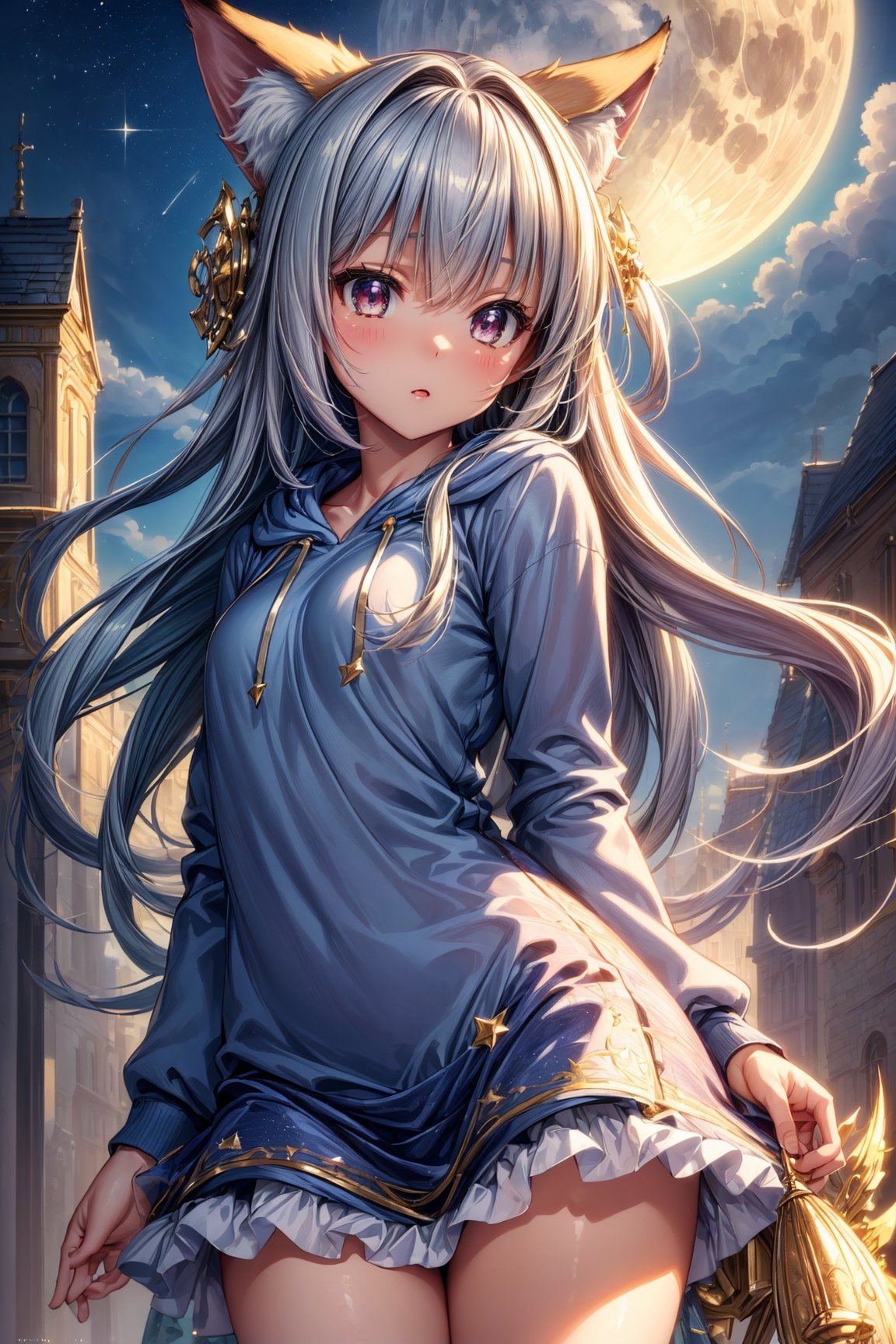 (((masterpiece, best quality, ultra-detailed, high resolution, extremely detailed, textured skin, Detailed Light, Extremely Delicate and Beautiful, cute Detail Eyes, Depth of Field))), 1 little cute girl, fox ears, fox tail, sky, hoodie, skirt, Fantasy world, huge building, big moon, shooting star, 1girl, pixie cut hair, small breasts, Joyful, little fairies flying around, anime