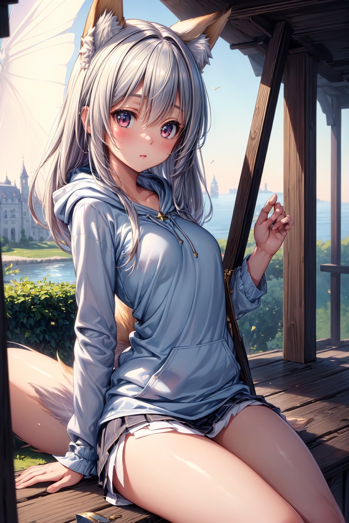 (((masterpiece, best quality, ultra-detailed, high resolution, extremely detailed, textured skin, Detailed Light, Extremely Delicate and Beautiful, cute Detail Eyes, Depth of Field))), 1 little cute girl, fox ears, fox tail, sky, hoodie, skirt, Fantasy world, huge building, big moon, shooting star, 1girl, pixie cut hair, small breasts, Joyful, little fairies flying around, anime