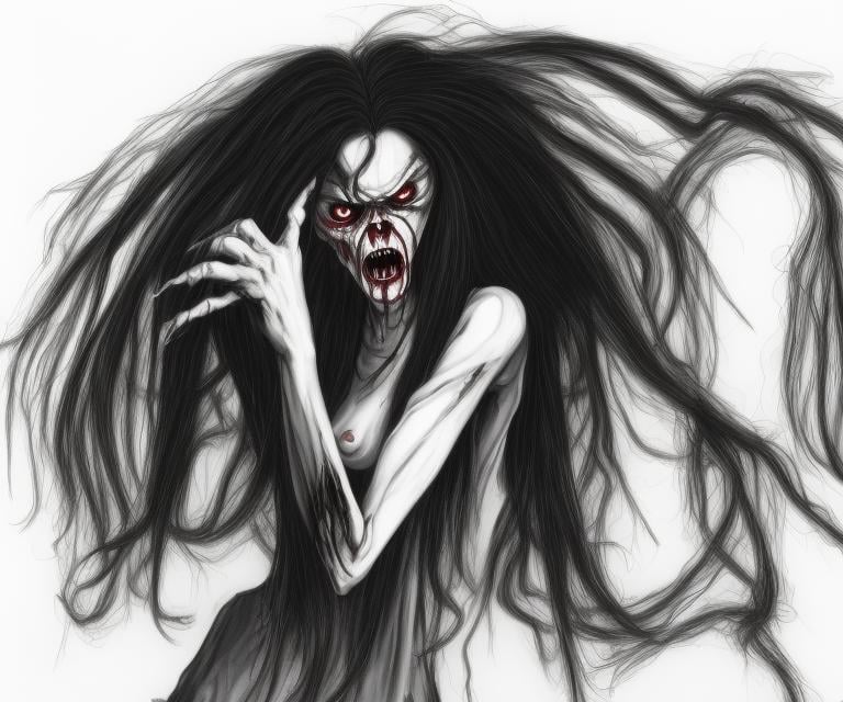 A creepy Yurei woman with long black hair, and zombie hands, crawling out of a television screen, inside the living room, neundies style