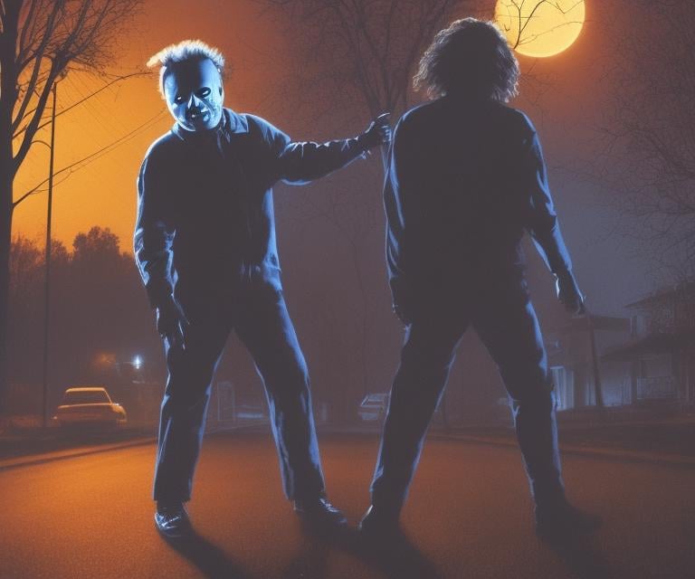 Michael Myers walking down the street in a suburb on halloween, full moon, neundies style