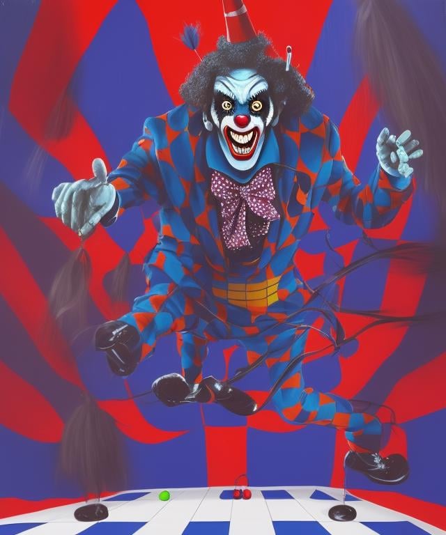 a portrait painting of a creepy clown in a checkered circus tent in neundies style