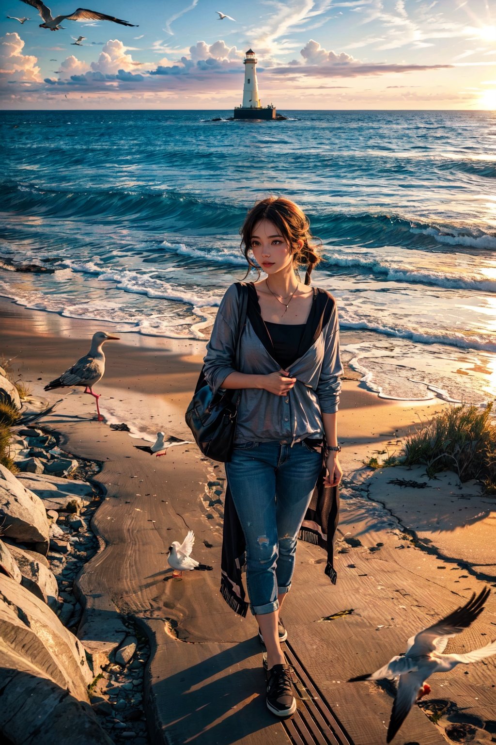 A beautiful girl, looking at the audience, walking on the beach, there are lighthouses, Seagulls, The Sundowners, the sun shining on the earth