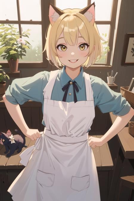 masterpiece,best quality,1girl,cat ears,blonde short hair,apron,looking at viewer,smile,