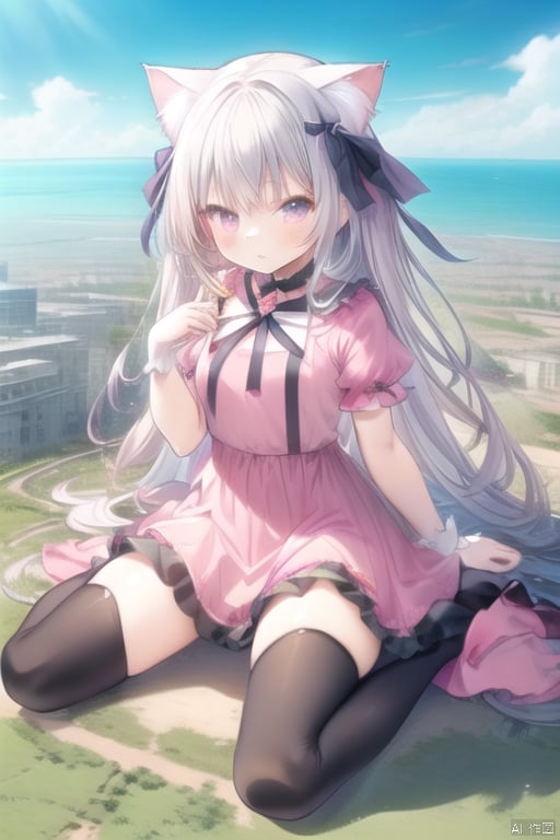 gigagts, wariza,1girl, cat ears,pink dress, giantess,gigagts,black_thighhighs,
proving earth is flat,horizon,day,wariza,loli,kawaii,
