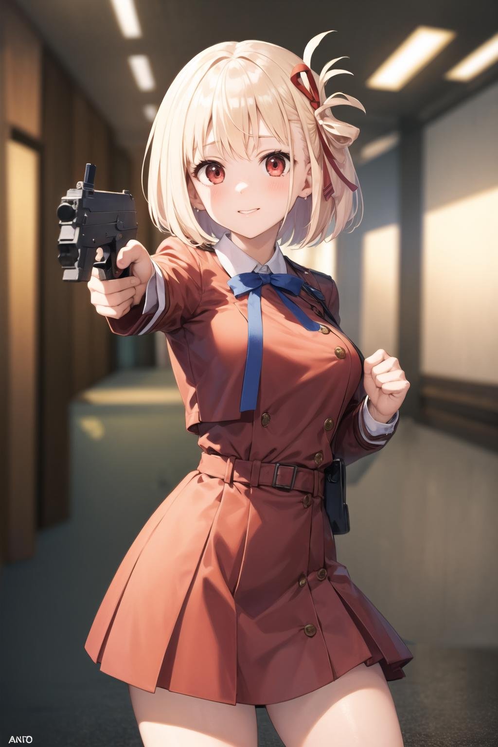 masterpiece, best quality, 1girl, anzhcchisato, holding gun, handgun, aiming <lora:AnzhcChisato DB extract:1>