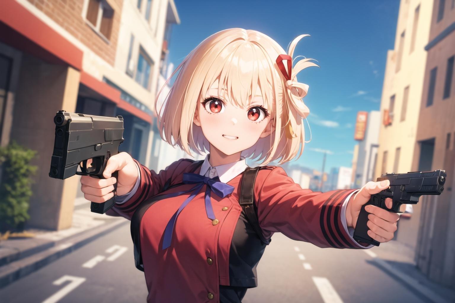 masterpiece, best quality, 1girl, anzhcchisato, holding gun, handgun, aiming <lora:AnzhcChisato DB extract:1>