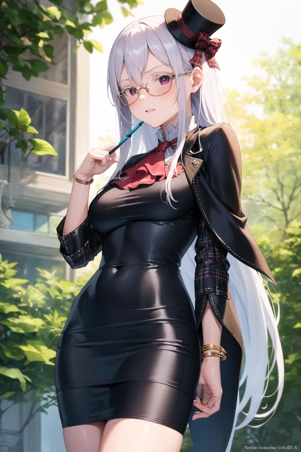 masterpiece, best quality, 1girl, echidna, blue pencil skirt, white Top Hat, plaid, draped, leather, body chain, eyewear switch, ascot  <lora:Echidna Adan_105154:0.9>