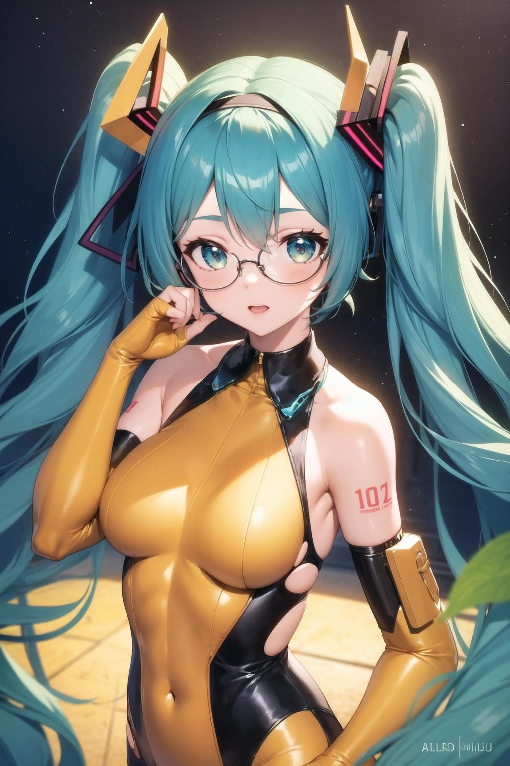 masterpiece, best quality, anzhcmiku, 1girl, upper body, gold reverse bunnysuit, white boar costume, tulle, satin, nodoka glasses, torn clothes, hair band <lora:AnzhcMiku Noise Sched 100 offset 008 class_244272:1>