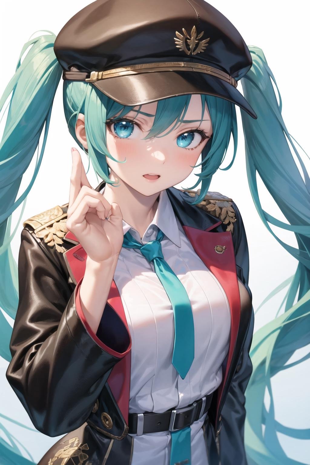 masterpiece, best quality, anzhcmiku, 1girl, upper body, brown japanese clothes, silver dress shirt, ruffled, leather, embroidered, truckers cap <lora:AnzhcMiku Noise Sched 100 offset 008 class_244272:1>