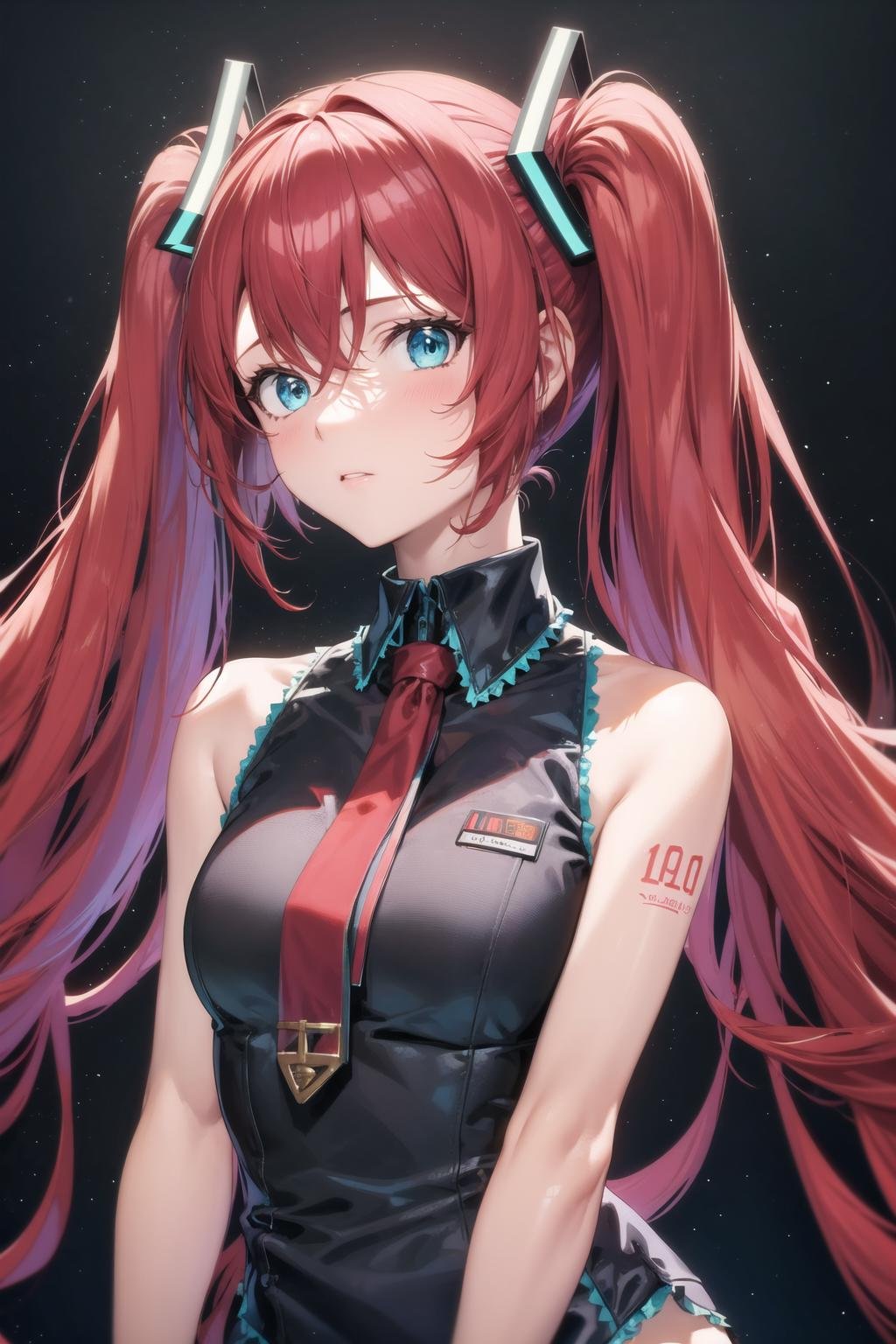 masterpiece, best quality, anzhcmiku, 1girl, upper body, simple backgorund, black background, red hair, facing viewer <lora:AnzhcMiku Noise Sched 100 offset 008 class_244272:1>