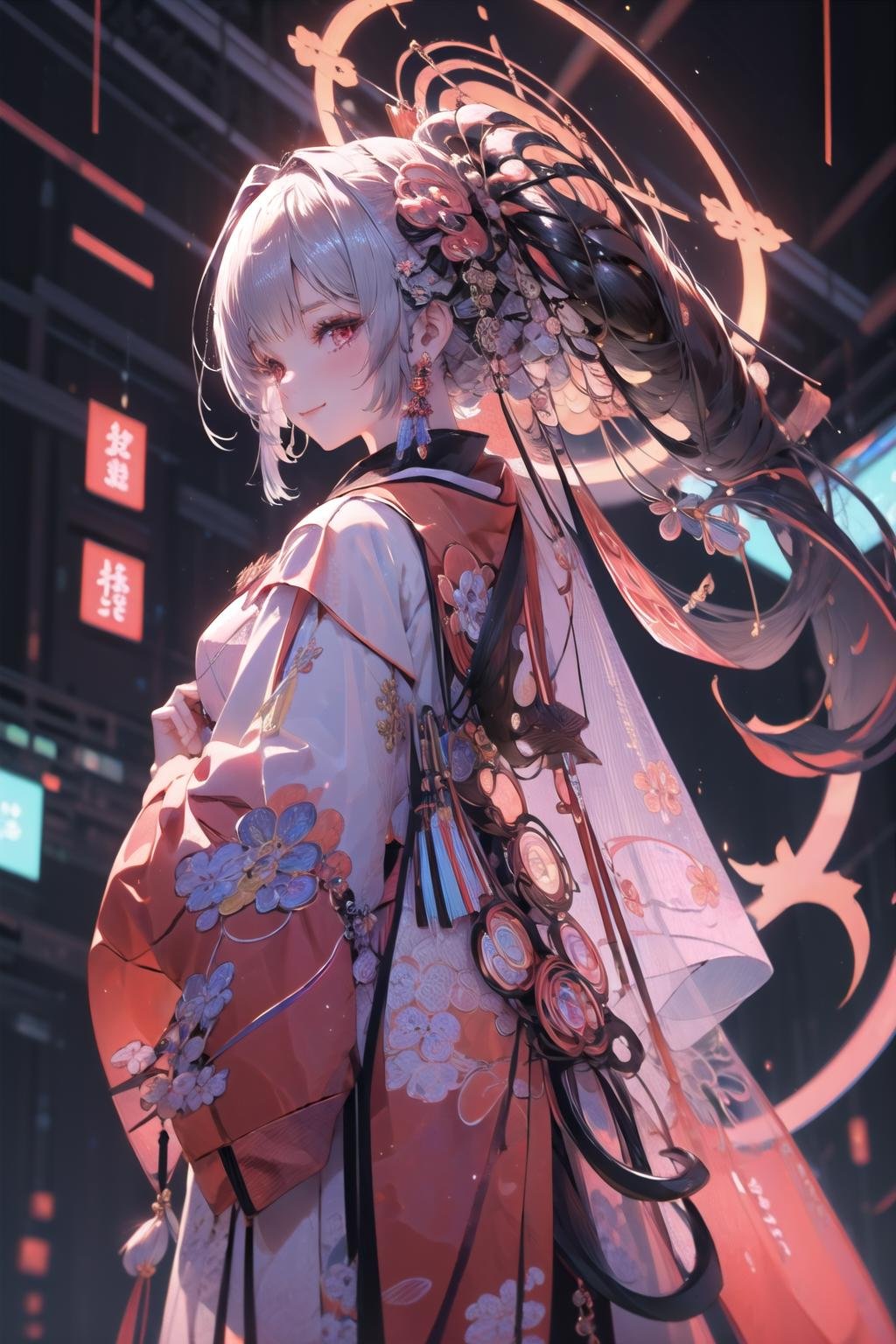 (highly detailed:1.3), 1girl, solo, light smile, <lora:wrenchs_ba_haruna-10:0.8>, ba_haruna_track, (kimono:1.2), (high ponytail:1.2), (traditional:1.2), from behind, Ultra-detail, (highres:1.1), best quality, (masterpiece:1.3), cinematic lighting, <lora:wrenchs_genshin_style_outfits:1>, wrench_genshin_style, <lora:C_projection_holographic_display:0.75>, 