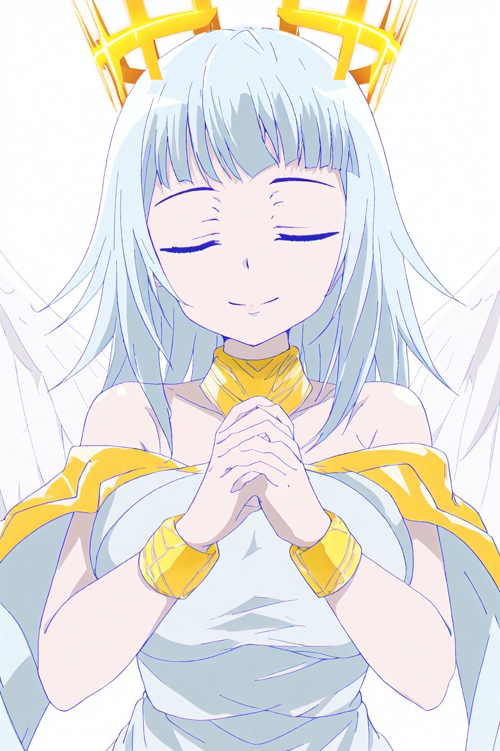 ultimatia,white hair,blunt bang,long hair,crown,1girl,solo,closed eyes,smile,breasts,angel,angel wings,gold bracelet,bare shoulders,white dress,white background,cleavage,choker,own hands clasped



high quality,best quality,ultra detailed,masterpiece,big breast,detailed hands


