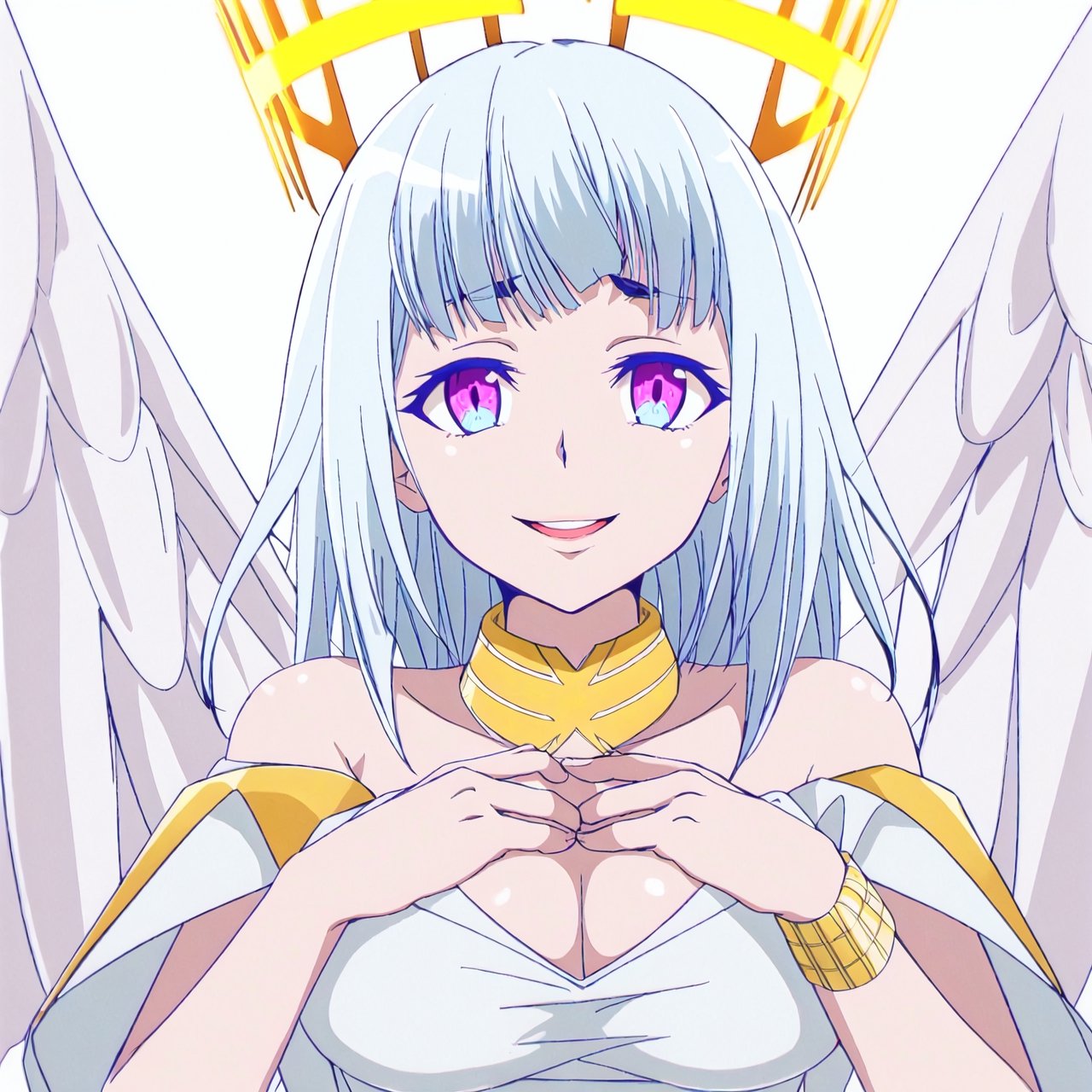 ultimatia,1girl,solo,white hair,blunt bang,multicolored eyes,long hair,smile,looking at viewer,crown,wings,white background,collar,angel,white dress,angel wings,breasts,cleavage,decollete,bare shoulders,white background,crown,gold bracelet




high quality,best quality,ultra detailed,masterpiece,big breast,detailed hands


