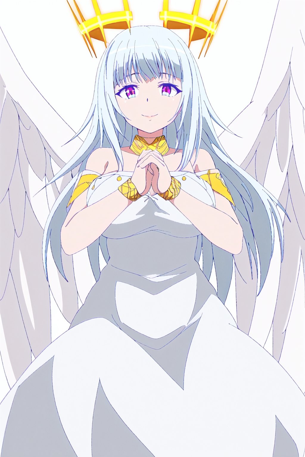 ultimatia,1girl,solo,white hair,blunt bang,multicolored eyes,long hair,smile,looking at viewer,crown,wings,white background,collar,angel,white dress,angel wings,medium breasts,cleavage,decollete,bare shoulders,white background,crown,gold bracelet




high quality,best quality,ultra detailed,masterpiece,big breast,detailed hands


