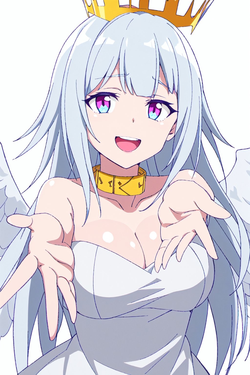 ultimatia,1girl,solo,white hair,blunt bang,multicolored eyes,long hair,smile,looking at viewer,crown,white background,collar,angel,upper teeth only,white dress,angel wings,medium breasts,cleavage,decollette,bare shoulders,outstretched hand,outstretched arm





high quality,best quality,ultra detailed,masterpiece,big breast,detailed hands


