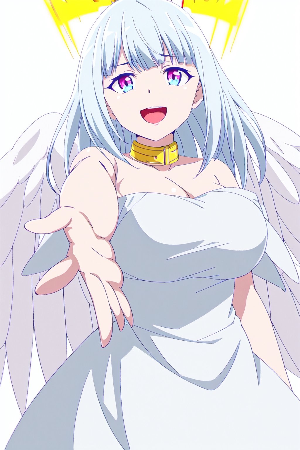 ultimatia,1girl,solo,white hair,blunt bang,multicolored eyes,long hair,smile,looking at viewer,crown,white background,collar,angel,white dress,angel wings,medium breasts,cleavage,decollette,bare shoulders,outstretched hand,outstretched arm





high quality,best quality,ultra detailed,masterpiece,big breast,detailed hands


